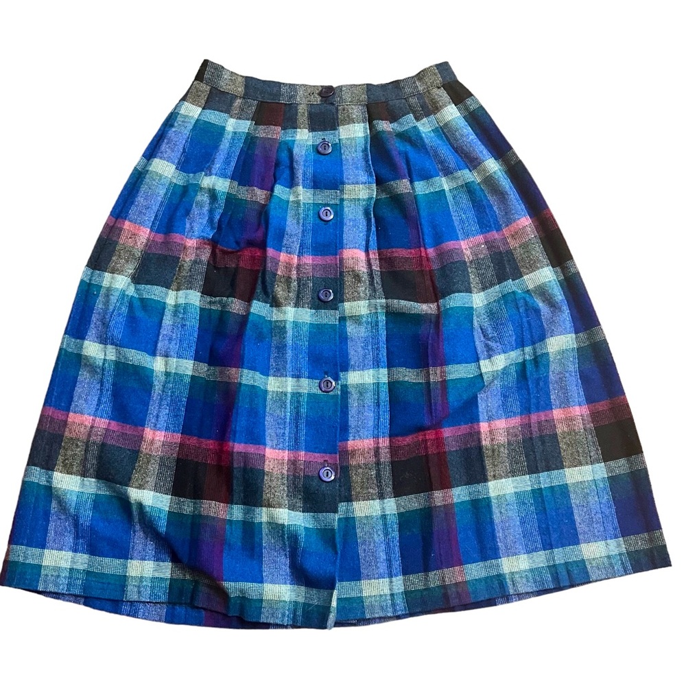 Vintage Wool Button Front Blue‎ Plaid Skirt, 28” Waist, Medium Weight